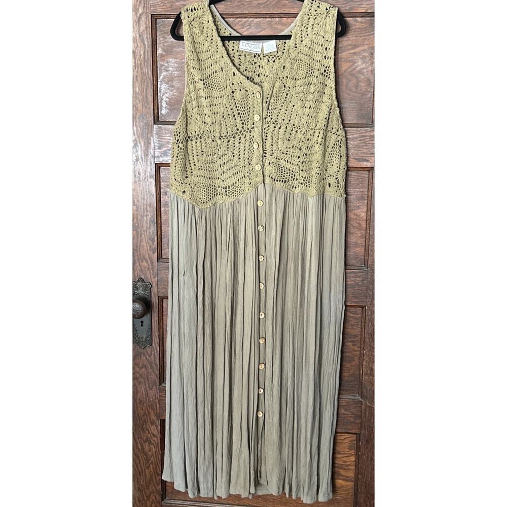 Vtg Venezia Vitale Sage Green Button Front Crochet Jumper Maxi Dress Sz L Boho
